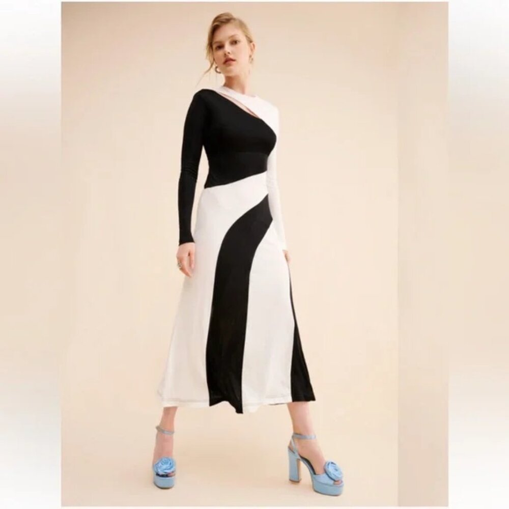 FARM Rio Elegant Black And White Cut-Out Detail Long Sleeve Midi Maxi Dress s